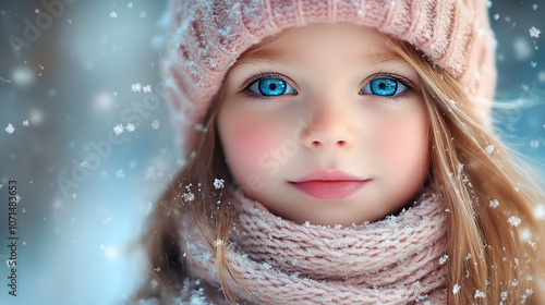 A close-up portrait of an adorable little girl in winter attire, wearing a pink hat and scarf, with blue eyes sparkling amidst the snowflakes photo