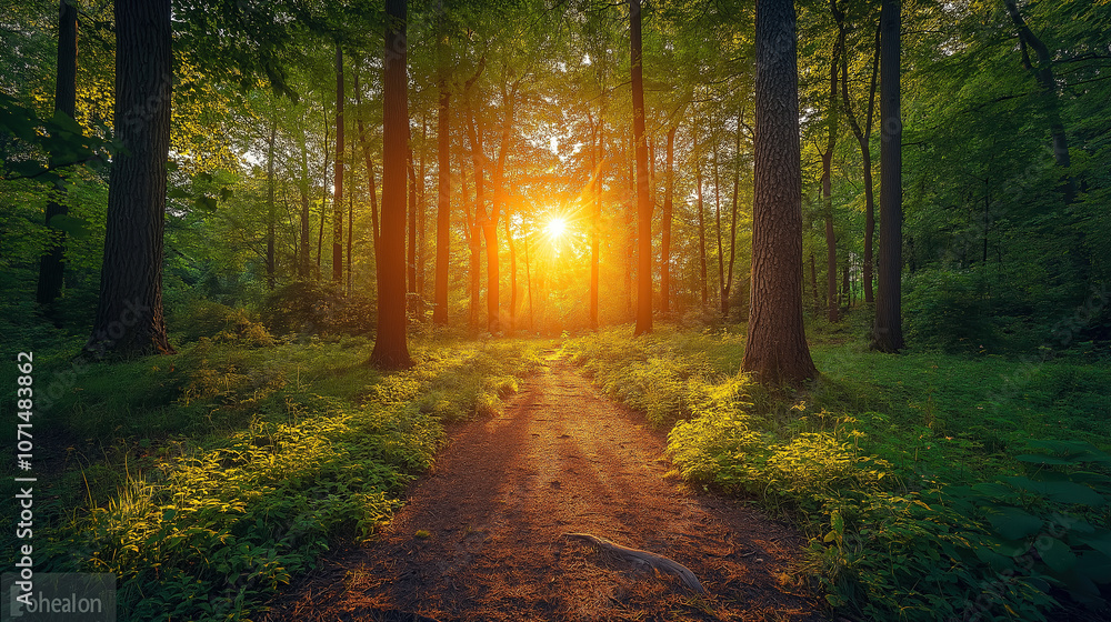 Obraz premium path leading through the forest, bathed in golden sunlight filtering between tall trees and surrounded by lush greenery
