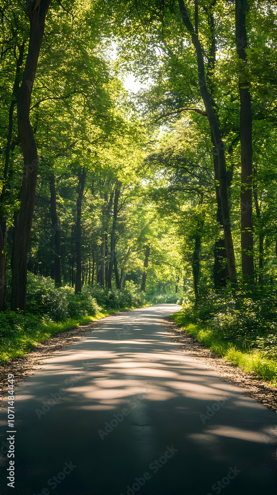 Fototapeta premium Photo - Sunlit Forest Road, Green Canopy, Summer Trees, Nature Path