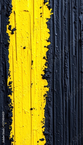 A vertical yellow stripe painted onto a black wooden surface. photo