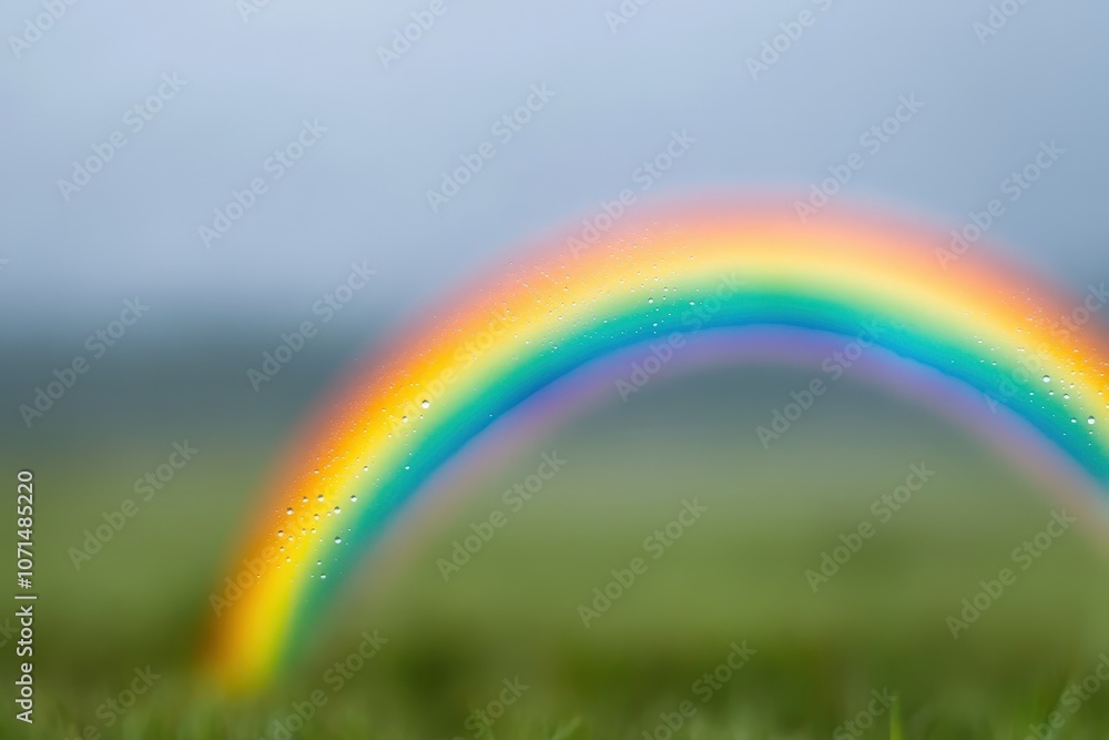A vibrant rainbow arching over a field of green grass, with raindrops glistening on the surface. A vibrant rainbow arching over a field of green grass, with raindrops glistening on the surface.
