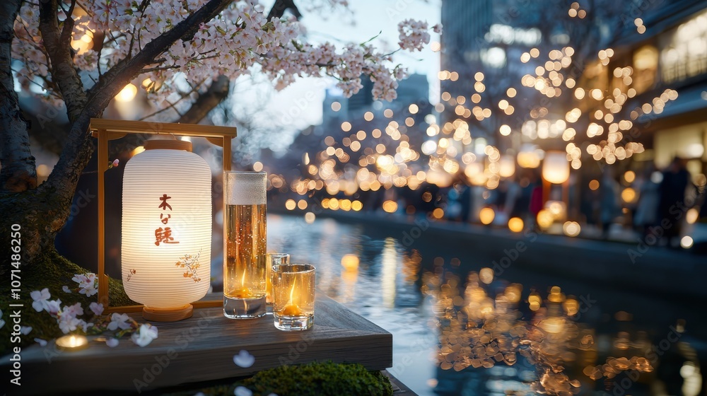 Obraz premium A stunning wide-angle shot of the Nakameguro Cherry Blossom Festival, with crowds enjoying the blossoms along the river, and traditional lanterns glowing in the evening
