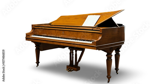 Without background Elegant antique grand piano with intricate wooden design and open lid on white background