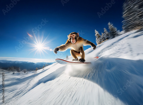 A monkey snowboarding down a snowy mountain slope with a bright blue sky and sun shining overhead. photo