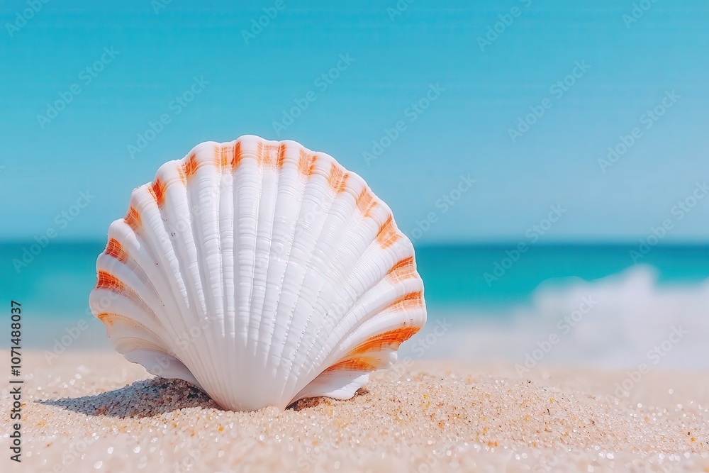 A white seashell with orange stripes sits on a sandy beach in front of a clear blue ocean. A white seashell with orange stripes sits on a sandy beach in front of a clear blue ocean.