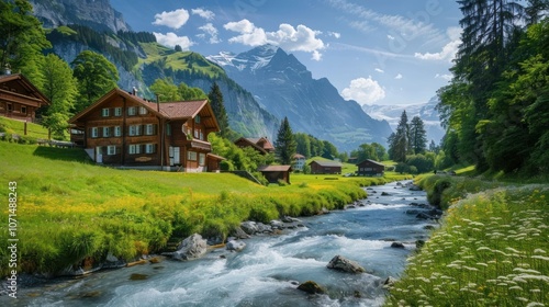 A serene landscape featuring a river, lush greenery, and mountains under a clear blue sky.