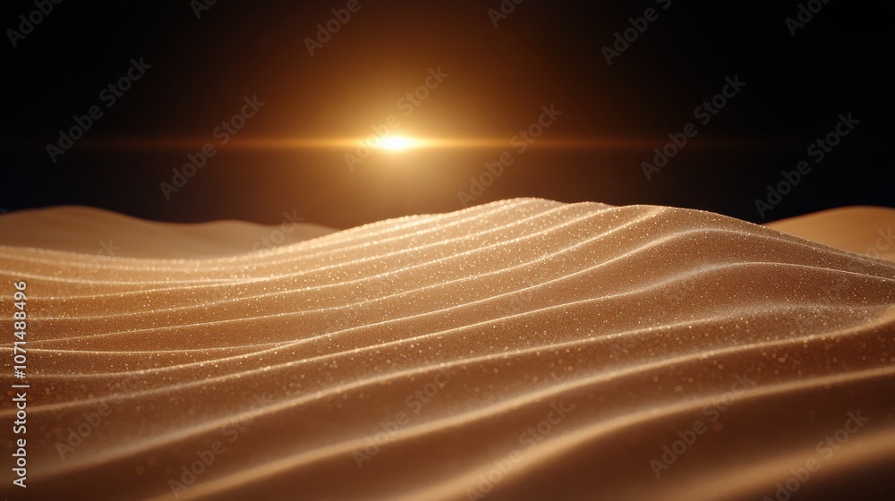 Naklejka premium Desert landscape in Saudi Arabia with dramatic rippled sand dunes, golden light highlighting the curves and shapes of the desert, evoking the serenity of an untouched wilderness
