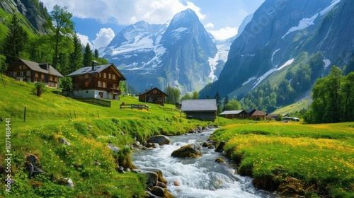 A serene landscape featuring mountains, a stream, and charming wooden houses in a lush valley.