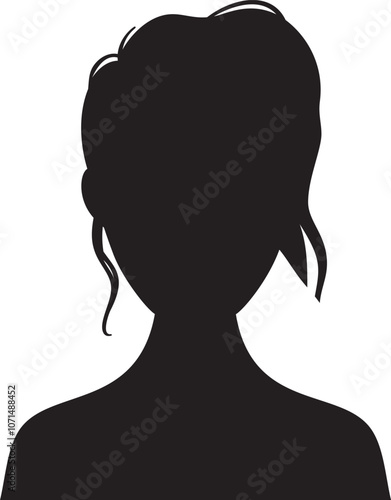 Black silhouette of bust of a young woman with modern hairstyle, representing beauty, fashion, anonymity, and femininity.