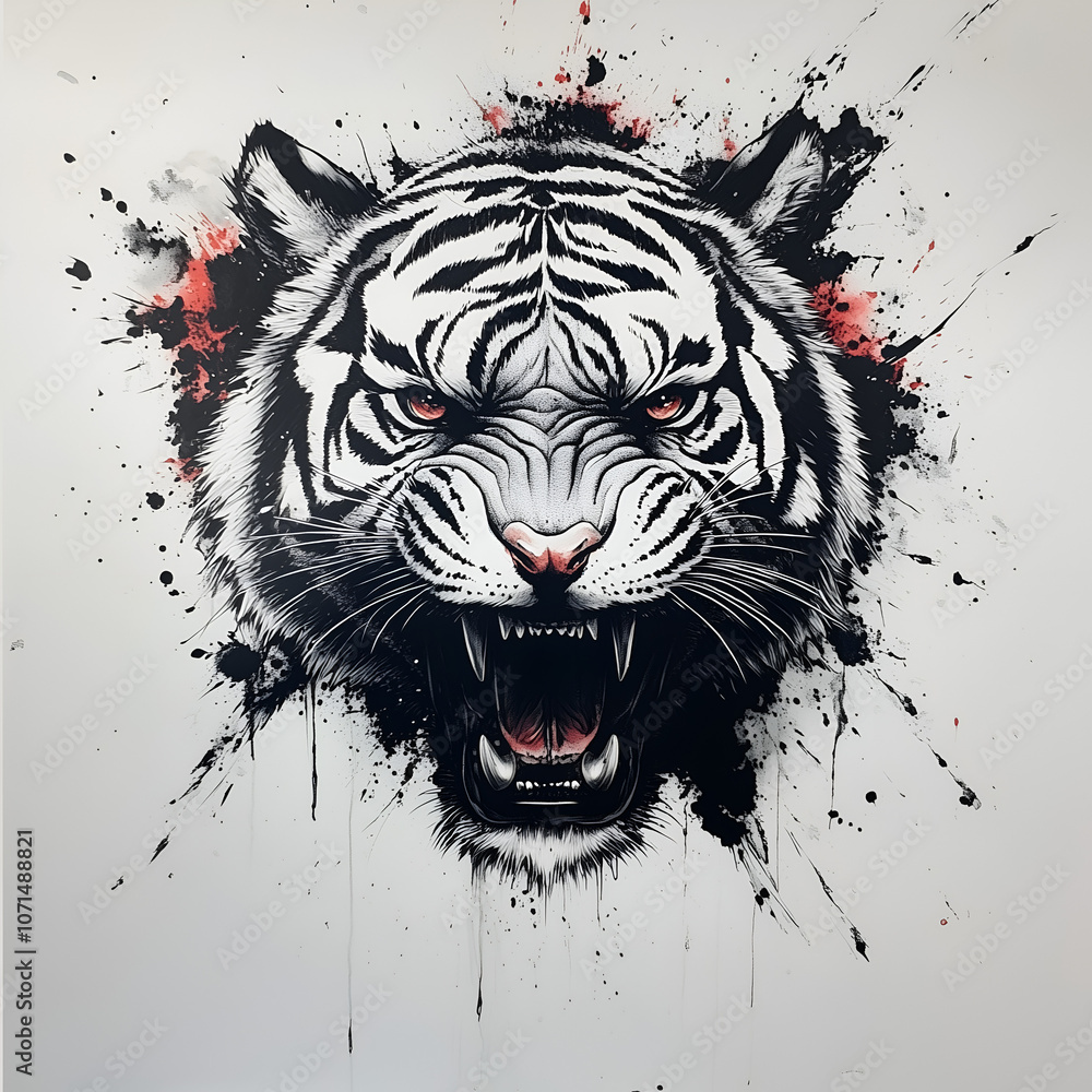 Obraz premium Black ink drawing of an angry tiger head, white background