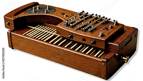 Without background Vintage wooden mechanical music instrument with intricate keys and levers, showcasing craftsmanship