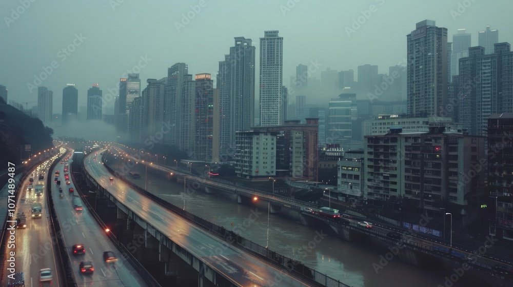Fototapeta premium A misty urban landscape featuring high-rise buildings and a river alongside a busy highway.