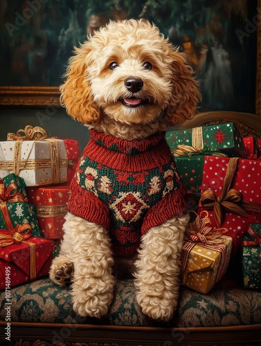 A cheeky Labradoodle dressed in a tiny Christmas sweater