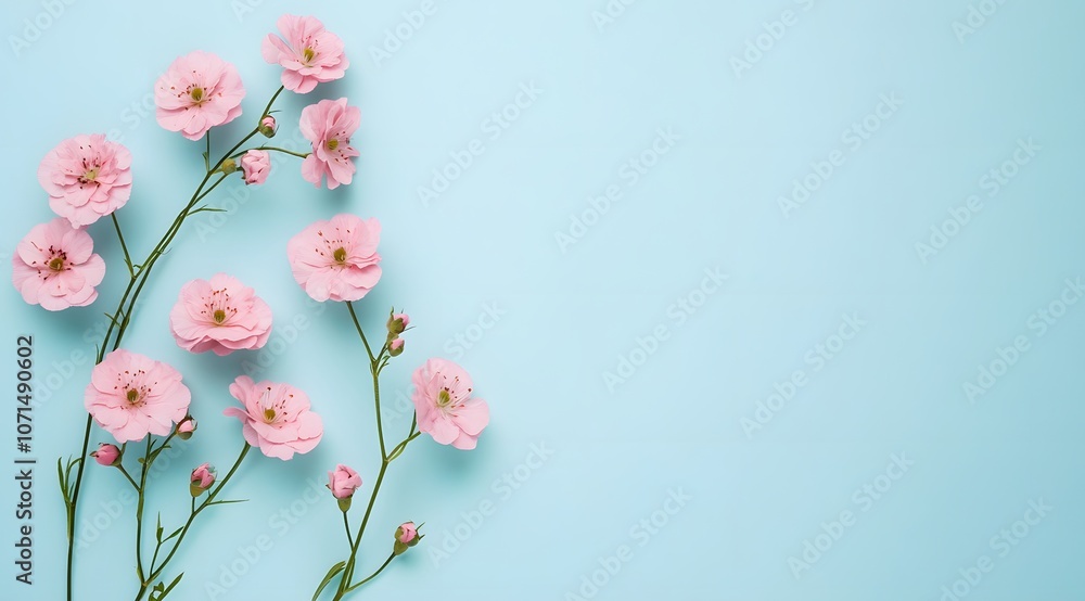 A serene arrangement of pink flowers on a light blue background, evoking calmness and beauty. A serene arrangement of pink flowers on a light blue background, evoking calmness and beauty.