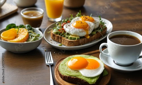 A breakfast table with a plate of avo toast topped with poached eggs, a cup of coffee, a bowl of greens, and two glasses of orange juice. photo