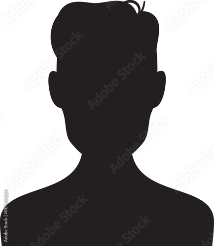 Black silhouette of a young man s bust, facing forward, isolated on a white background, representing anonymity, identity, and masculinity.