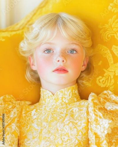 Elegant Child in Yellow Lace Dress on Ornate Sofa