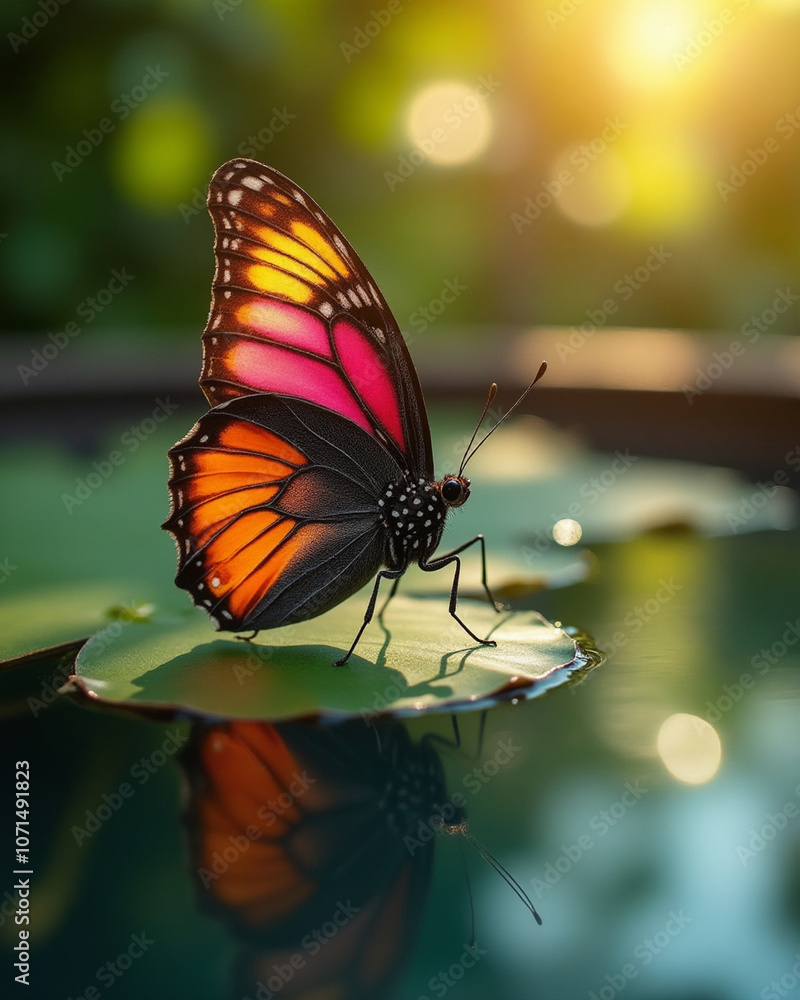 Obraz premium A vibrant butterfly, bathed in warm sunlight, perches delicately on a water lily leaf. generative ai