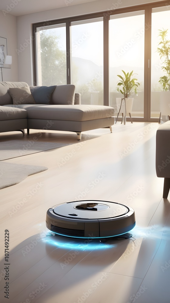 A modern robotic vacuum cleaner diligently glides across a bright living room in the warm afternoon sunlight. Generative AI A modern robotic vacuum cleaner diligently glides across a bright living room in the warm afternoon sunlight. Generative AI