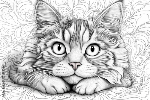 Wallpaper Mural coloring page for kids, cat, cartoon style, thick line, low detail, no shading Torontodigital.ca