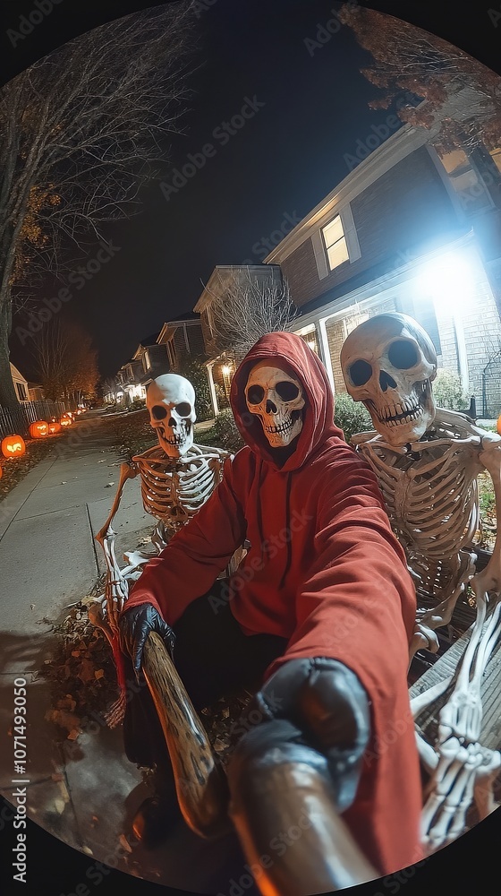 Close-up shot through a fisheye lens of Death in a red hoodie sitting on a bench at night with two realistic-looking skeleton friends. Close-up shot through a fisheye lens of Death in a red hoodie sitting on a bench at night with two realistic-looking skeleton friends.