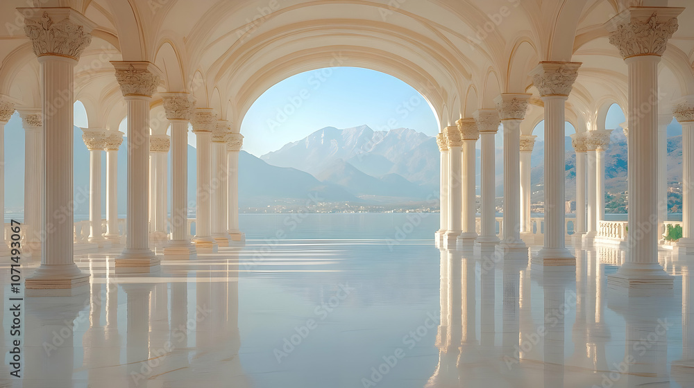Fototapeta premium White Columns Archway with Mountain View 3D Render
