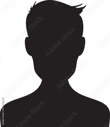 Black silhouette of a young man with short hair, facing forward, bust portrait, isolated on white background, ideal for profile pictures or avatars