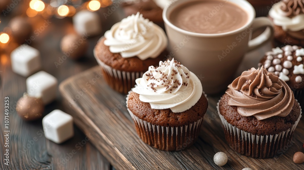 Christmas-themed bakery and drink concept. A cozy arrangement of delicious cupcakes topped with frosting, accompanied by a cup of hot chocolate, set against a rustic wooden background