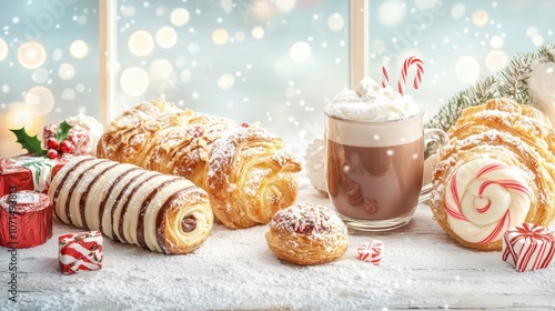 Christmas-themed bakery and drink concept. A cozy winter scene featuring festive pastries, candy canes, and hot chocolate, evoking warmth and holiday cheer photo