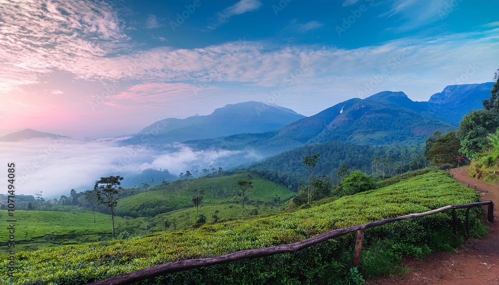 Obraz premium A picturesque sunrise over a vibrant green tea plantation with misty mountains in the background, showcasing the serene beauty of Sri Lanka's countryside.