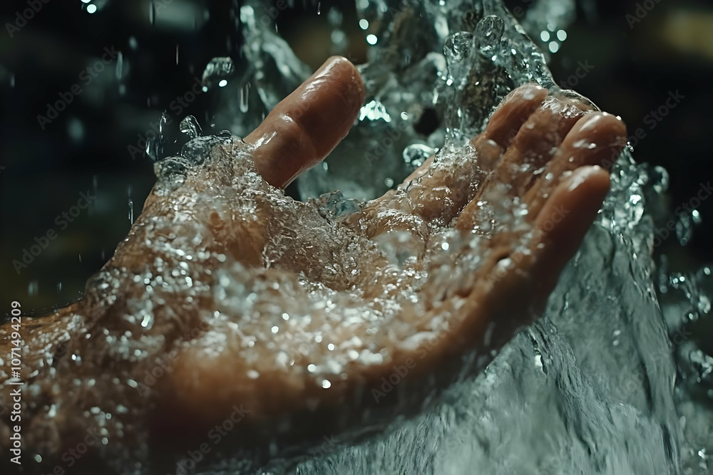 Fototapeta premium Photo Hand Catching Flowing Water Splashing Drops Nature
