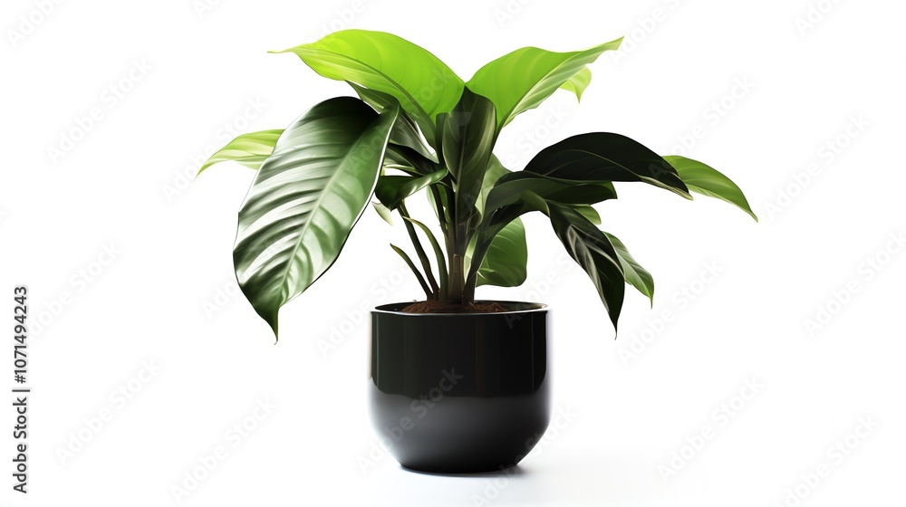 A potted green plant with large leaves in a black pot on a white background. A potted green plant with large leaves in a black pot on a white background.