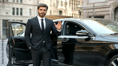 Driver in formal attire holding car door open for passenger photo