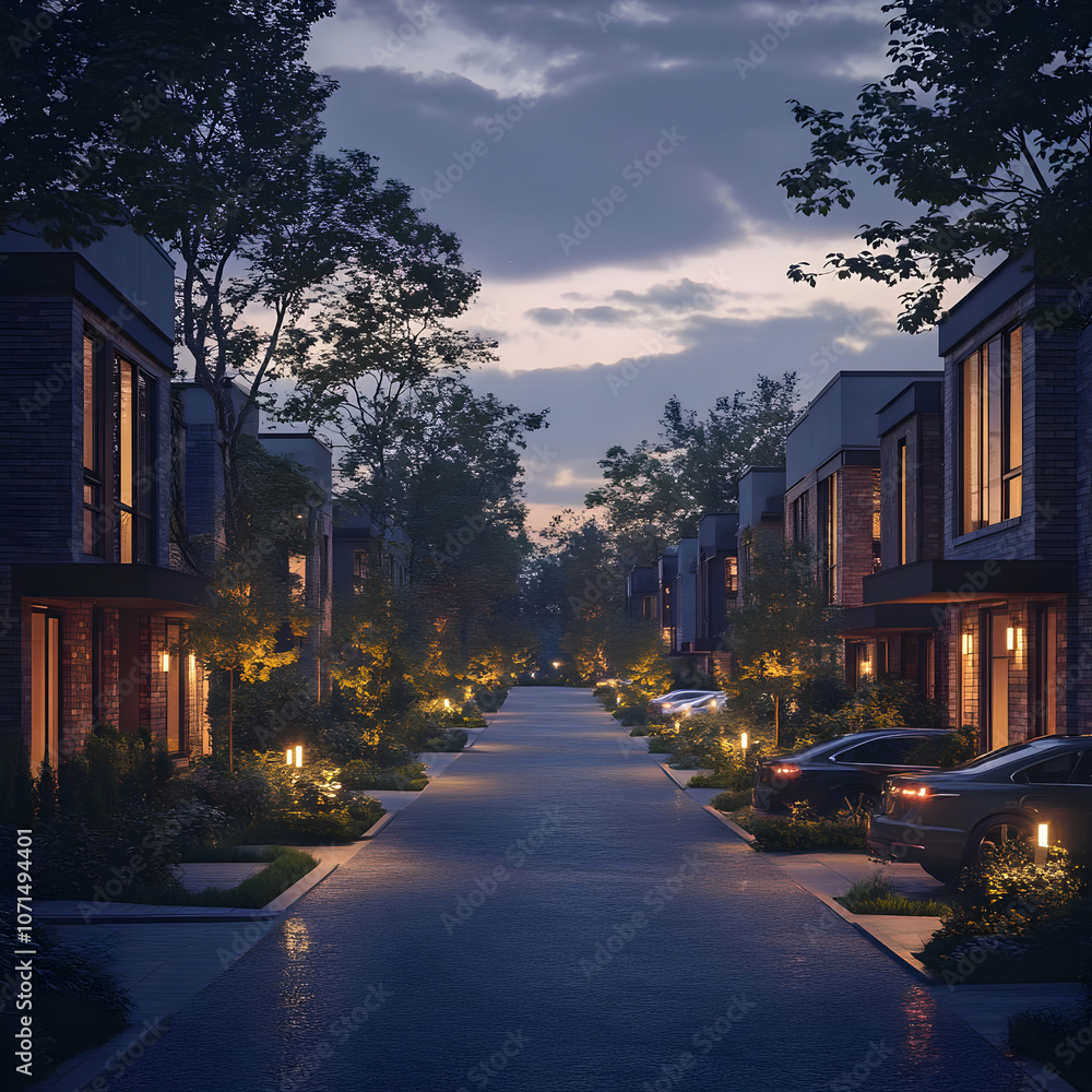 Obraz premium 3D Illustration- Suburban Street at Dusk