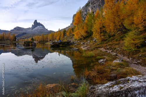 Stunning landscape of Federa lake in autumn, Dolomite Italy. photo