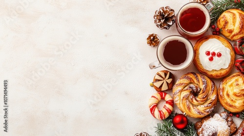 Christmas-themed bakery and drink concept. Cozy holiday arrangement with festive pastries, warm drinks, and seasonal decorations on a light background