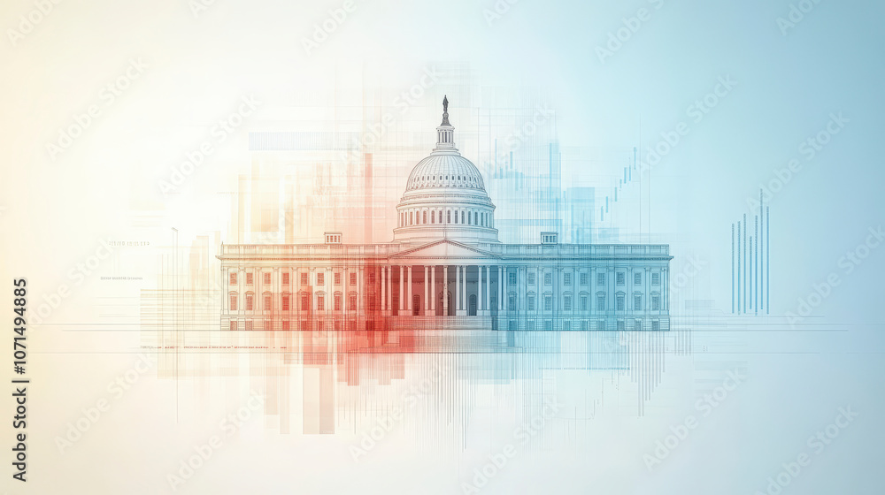 Obraz premium Abstract illustration of the U.S. Capitol building, featuring a blend of geometric shapes and lines in soft blue and red hues.