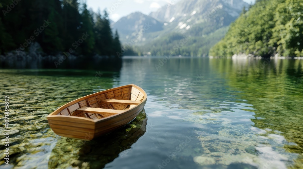 A wooden boat drifts gently on a crystal-clear turquoise lake, framed by highland mountains and lush greenery, capturing the essence of natural tranquility. A wooden boat drifts gently on a crystal-clear turquoise lake, framed by highland mountains and lush greenery, capturing the essence of natural tranquility.