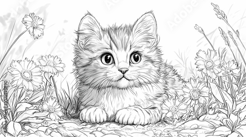 Wallpaper Mural coloring page for kids, cat, cartoon style, thick line, low detail, no shading Torontodigital.ca