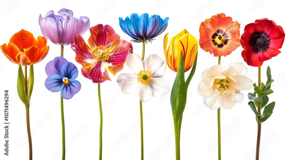 Obraz premium A row of colorful spring flowers, including tulips, anemones, and pansies, isolated on a white background.