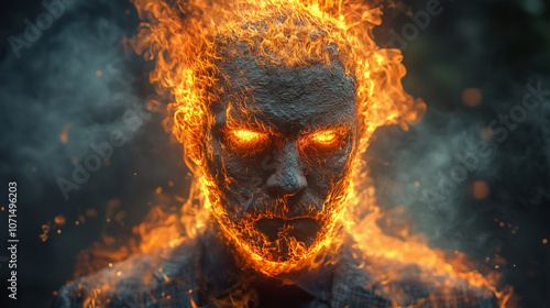 Man in a suit with a face of burning coal, symbolizing the destructive impact of fossil fuel extraction reflecting the corporate-driven legacy of industrial exploitation and non-renewable energy