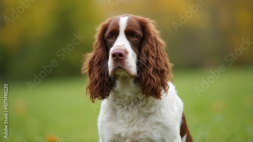 A brown and white dog sitting in the grass