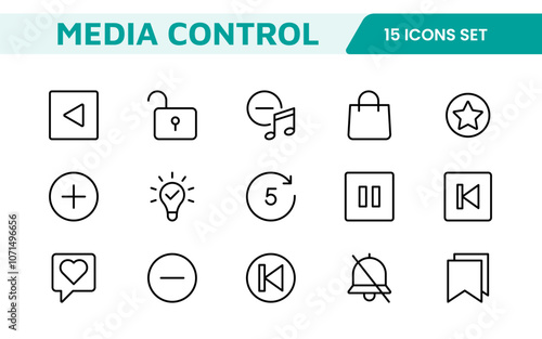 Media Control Icon Set. Sleek and intuitive audio and video playback icons are perfect for enhancing user interfaces in media apps, streaming services, and entertainment platforms.