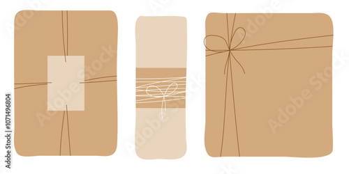 Gift box vector design with white and brown bow and craft wrapping on isolated white background.