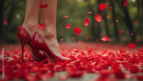 A woman in red high heels standing on a bed of rose petals