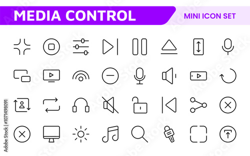 Media Control Icon Set. Sleek and intuitive audio and video playback icons are perfect for enhancing user interfaces in media apps, streaming services, and entertainment platforms.