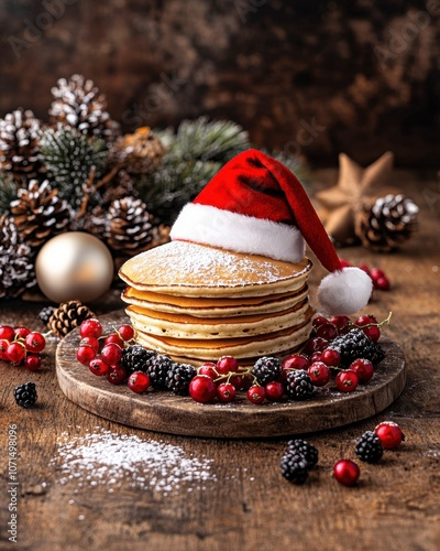 American food with Santa hat concept. A festive stack of pancakes topped with a Santa hat, surrounded by winter berries and pinecones, creating a warm holiday atmosphere