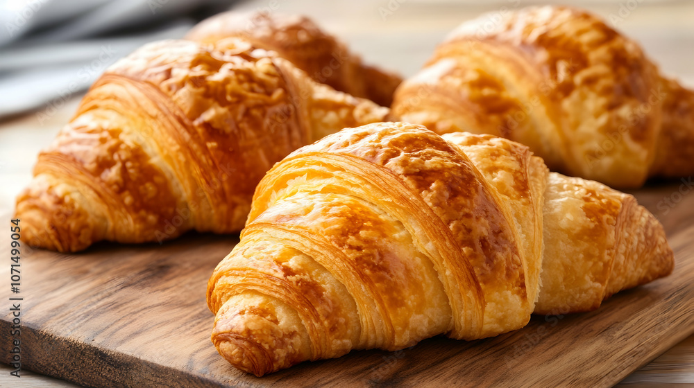 Four golden brown croissants on a wooden board. Four golden brown croissants on a wooden board.
