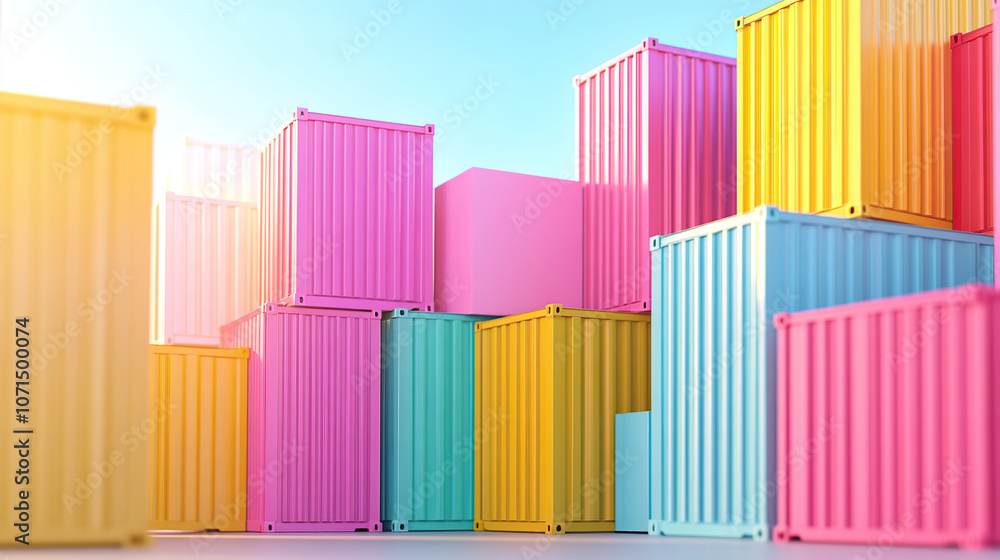 Obraz premium 3D rendering of colorful shipping containers stacked on top of each other. In the background is a bright blue sky with soft shadows and highlights