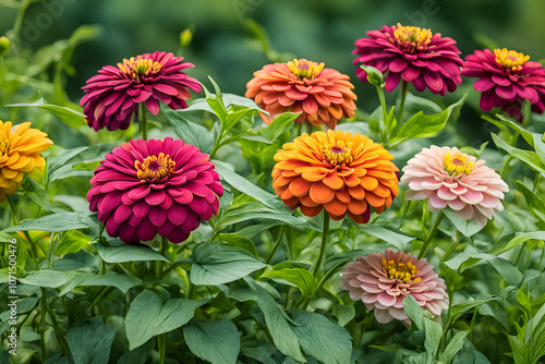 Wallpaper Mural A close-up of colorful zinnias with green foliage and tall grasses in the background, Ai Generated Torontodigital.ca